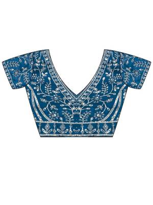 Teal teal embellished embroidered satin heavy work saree unstiched blouse 4