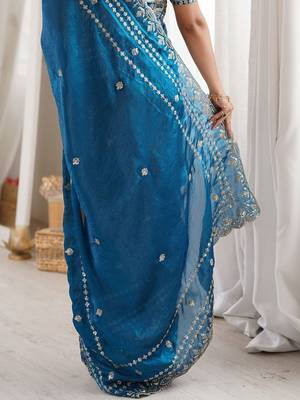 Teal teal embellished embroidered satin heavy work saree unstiched blouse 5