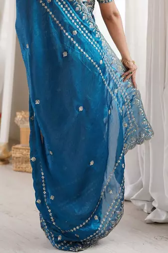 Teal teal embellished embroidered satin heavy work saree unstiched blouse