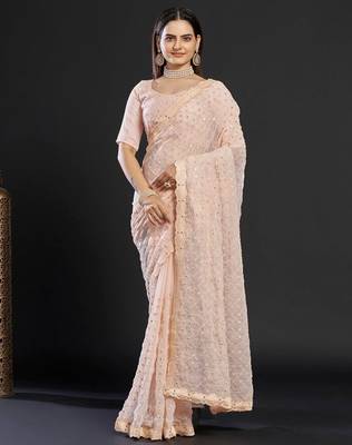 Peach peach-coloured embellished mirror work  georgette saree 1
