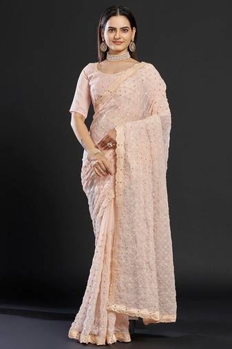 Peach peach-coloured embellished mirror work  georgette saree