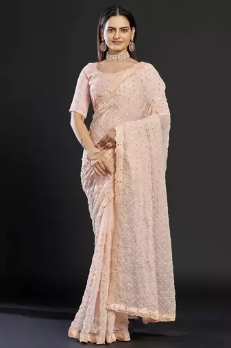 Peach peach-coloured embellished mirror work  georgette saree