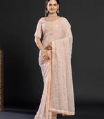 Peach peach-coloured embellished mirror work  georgette saree