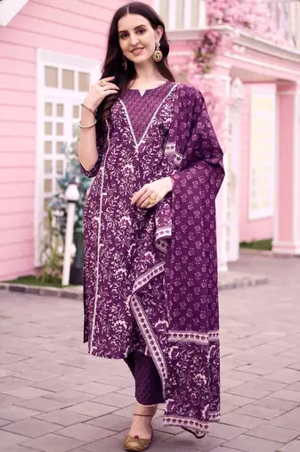 women floral printed regular  cotton kurta with trousers & with dupatta