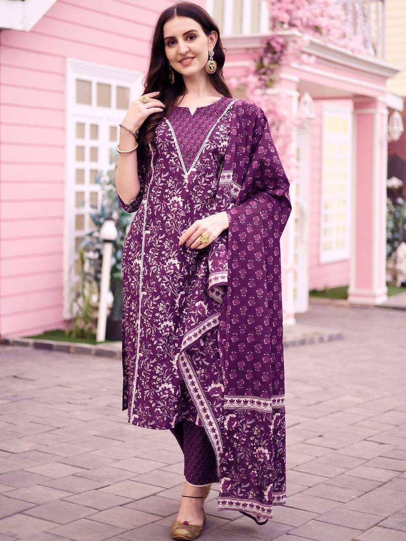 women floral printed regular  cotton kurta with trousers & with dupatta