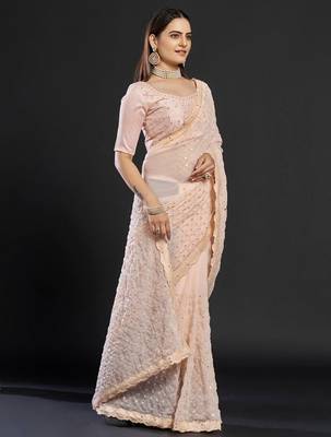 Peach peach-coloured embellished mirror work  georgette saree 2