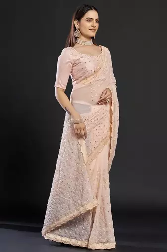 Peach peach-coloured embellished mirror work  georgette saree