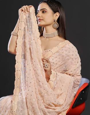 Peach peach-coloured embellished mirror work  georgette saree 3