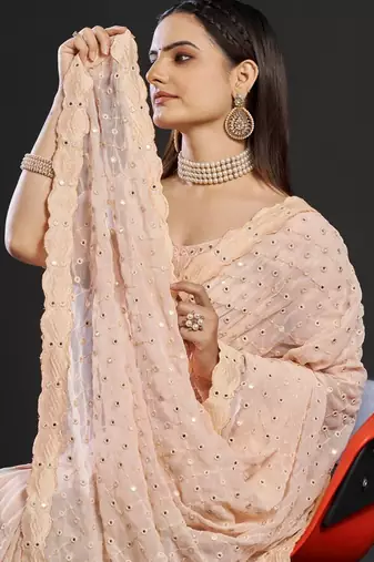 Peach peach-coloured embellished mirror work  georgette saree