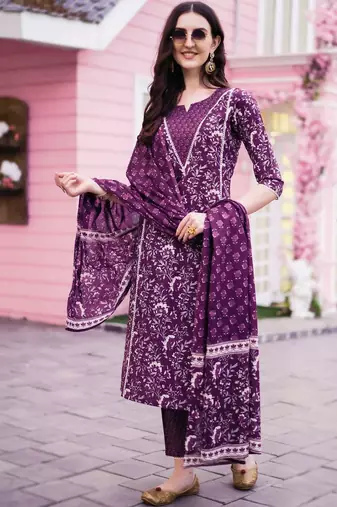 women floral printed regular  cotton kurta with trousers & with dupatta
