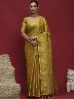 Yellow woven design zari linen blend handloom banarasi saree 1