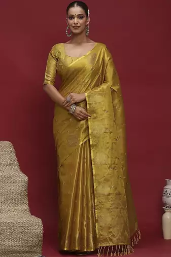 Yellow woven design zari linen blend handloom banarasi saree