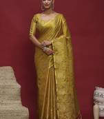 Yellow woven design zari linen blend handloom banarasi saree
