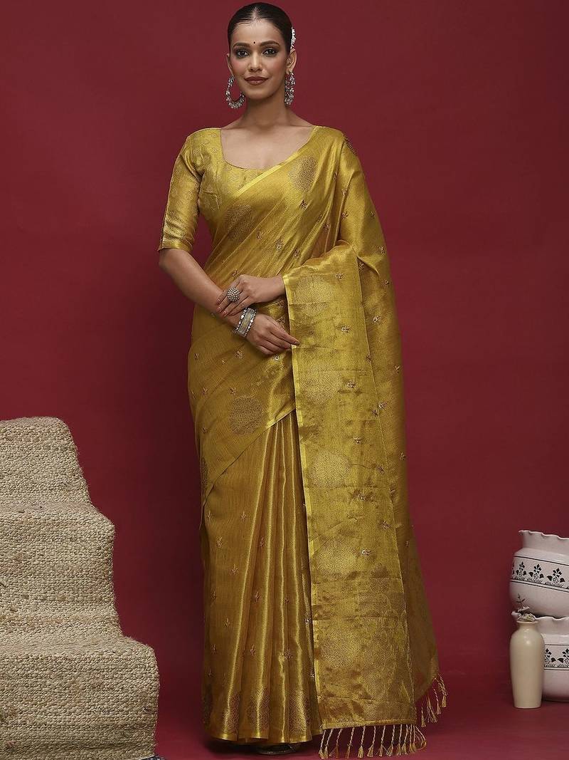 Yellow woven design zari linen blend handloom banarasi saree