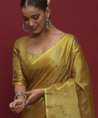Yellow woven design zari linen blend handloom banarasi saree 2