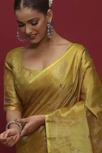 Yellow woven design zari linen blend handloom banarasi saree