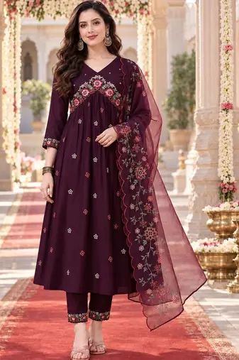 women floral embroidered empire thread work kurta with trousers & with dupatta