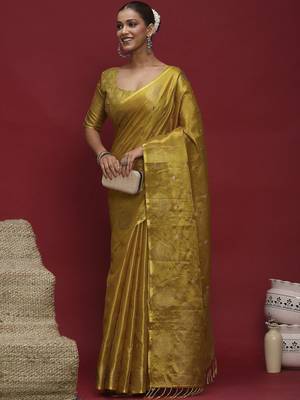 Yellow woven design zari linen blend handloom banarasi saree 3