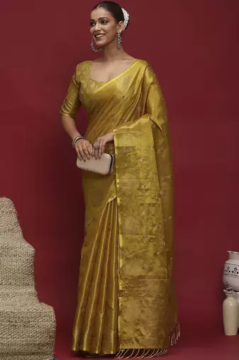 Yellow woven design zari linen blend handloom banarasi saree