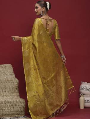 Yellow woven design zari linen blend handloom banarasi saree 4