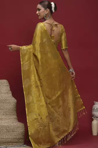 Yellow woven design zari linen blend handloom banarasi saree