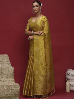 Yellow woven design zari linen blend handloom banarasi saree 5