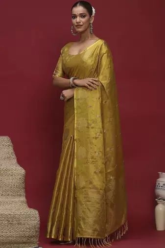 Yellow woven design zari linen blend handloom banarasi saree
