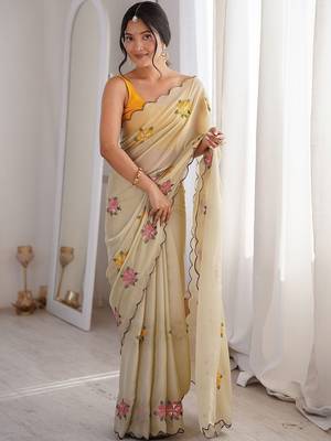 Off white cream georgette ethnic embellished festive wear matching blouse sarees 1
