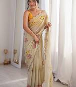 Off white cream georgette ethnic embellished festive wear matching blouse sarees