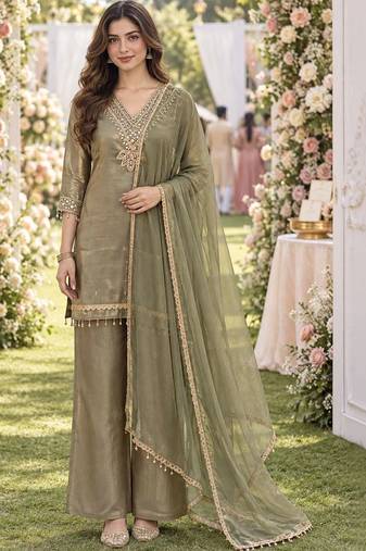 women regular mirror work kurta with palazzos & with dupatta