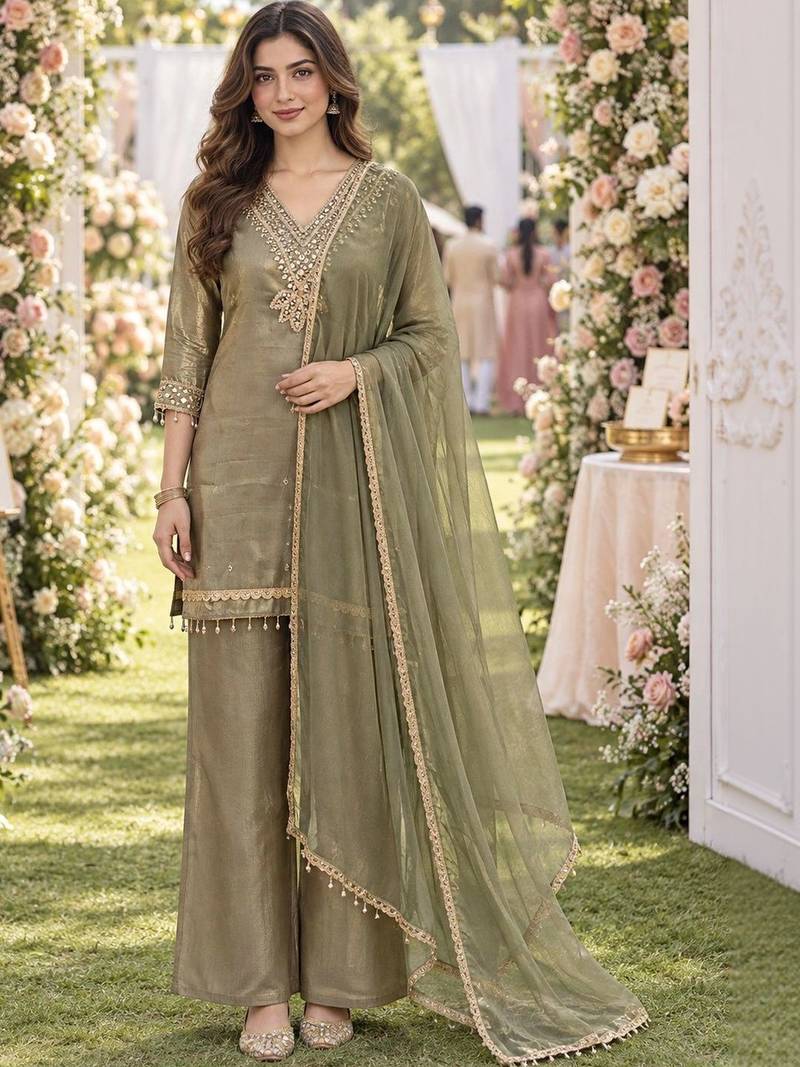 women regular mirror work kurta with palazzos & with dupatta