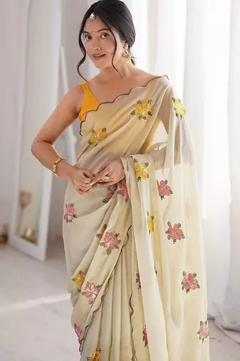 Off white cream georgette ethnic embellished festive wear matching blouse sarees