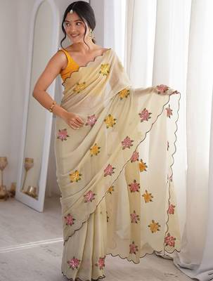 Off white cream georgette ethnic embellished festive wear matching blouse sarees 3
