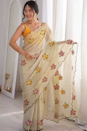 Off white cream georgette ethnic embellished festive wear matching blouse sarees