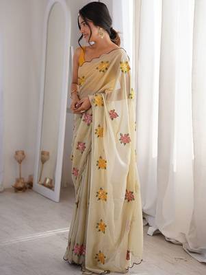 Off white cream georgette ethnic embellished festive wear matching blouse sarees 4