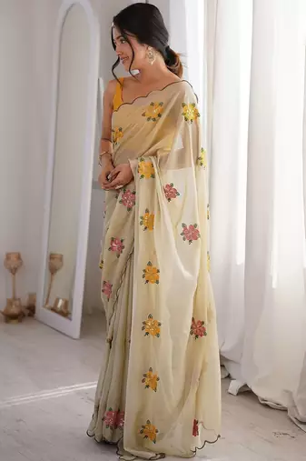 Off white cream georgette ethnic embellished festive wear matching blouse sarees