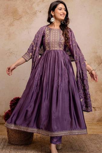 women ethnic motifs embroidered empire  silk kurta with trousers & with dupatta