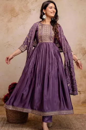 women ethnic motifs embroidered empire  silk kurta with trousers & with dupatta