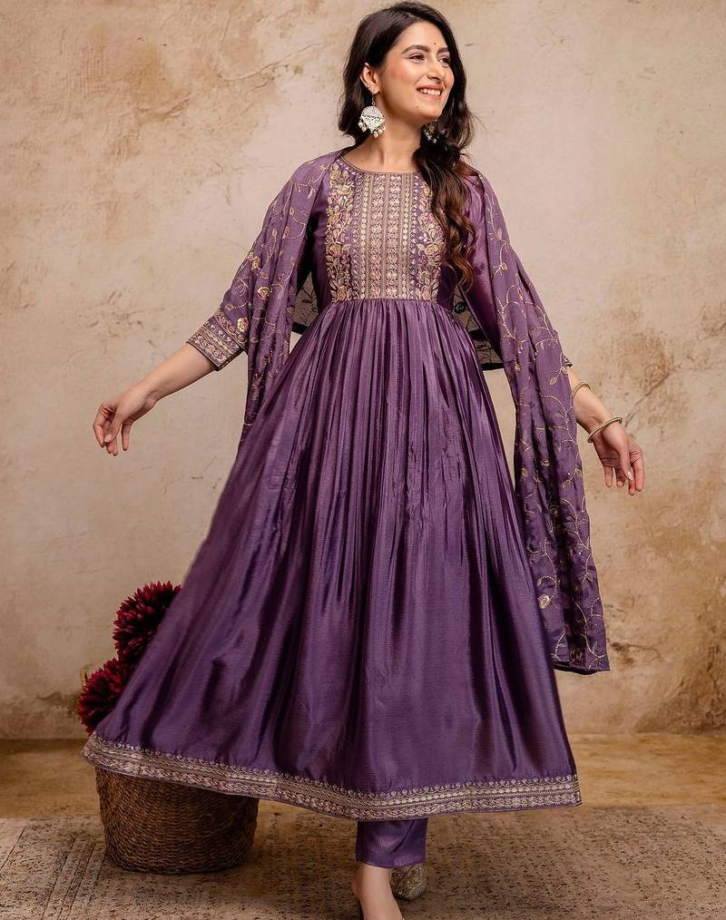 women ethnic motifs embroidered empire  silk kurta with trousers & with dupatta