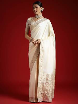 Cream cream solid zari woven design satin banarasi saree with matching blouse 2
