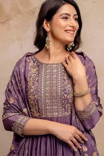 women ethnic motifs embroidered empire  silk kurta with trousers & with dupatta
