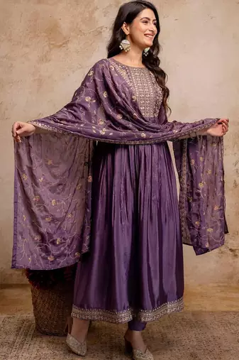 women ethnic motifs embroidered empire  silk kurta with trousers & with dupatta