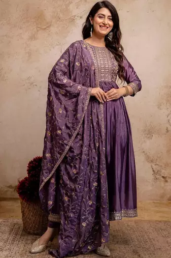 women ethnic motifs embroidered empire  silk kurta with trousers & with dupatta