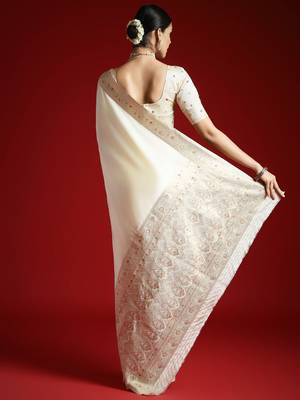 Cream cream solid zari woven design satin banarasi saree with matching blouse 3