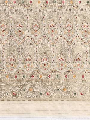 Cream cream solid zari woven design satin banarasi saree with matching blouse 5