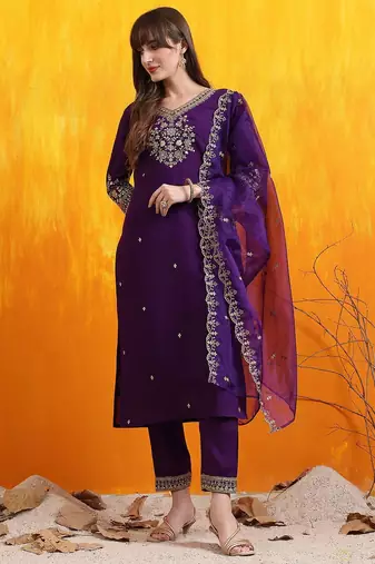 floral embroidered chanderi cotton v-neck straight kurta with trousers and dupatta