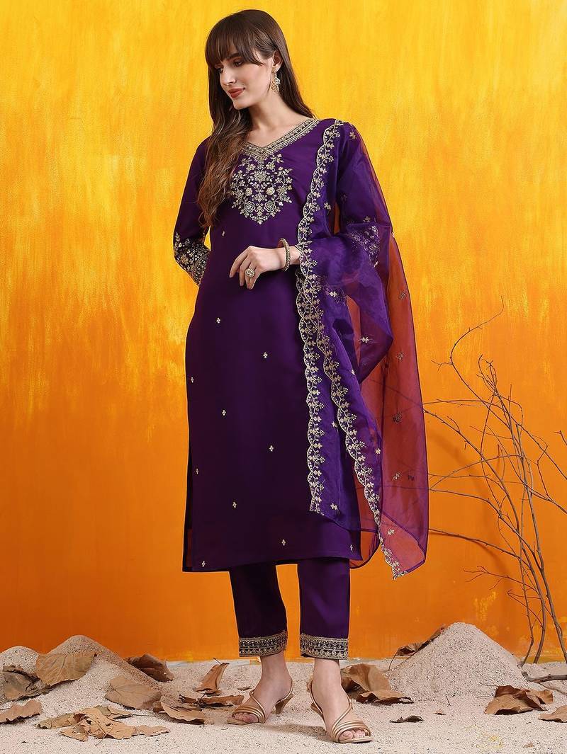 floral embroidered chanderi cotton v-neck straight kurta with trousers and dupatta