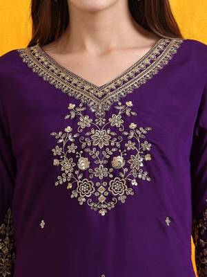 floral embroidered chanderi cotton v-neck straight kurta with trousers and dupatta 2