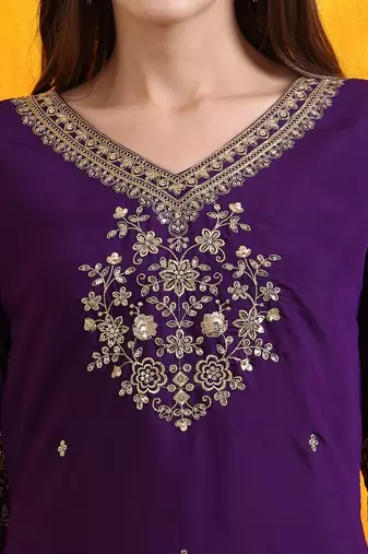 floral embroidered chanderi cotton v-neck straight kurta with trousers and dupatta