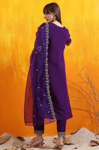 floral embroidered chanderi cotton v-neck straight kurta with trousers and dupatta